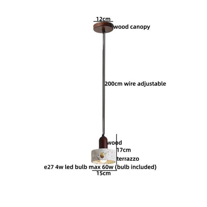 Suspension lumineuse Dimoree de style Wabi Sabi avec abat-jour en terrazzo et support en bois, hauteur ajustable.