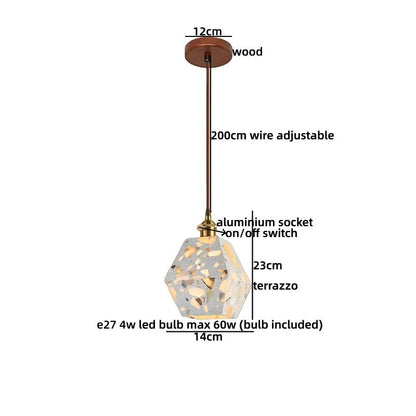 Suspension lumineuse Dimoree de style Wabi Sabi avec abat-jour en terrazzo et support en bois naturel.