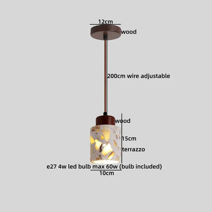 Suspension lumineuse Dimoree de style Wabi Sabi avec abat-jour en terrazzo et détails en bois, câble réglable.