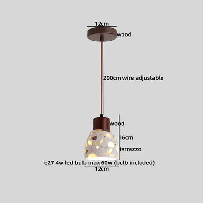 Suspension lumineuse Dimoree de style Wabi Sabi avec abat-jour en terrazzo et détails en bois, câble réglable de 200cm