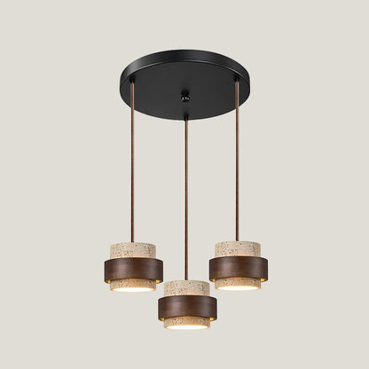 Suspension Dimoree à trois lampes avec abat-jours cylindriques en travertin et détails en bois de noyer foncé