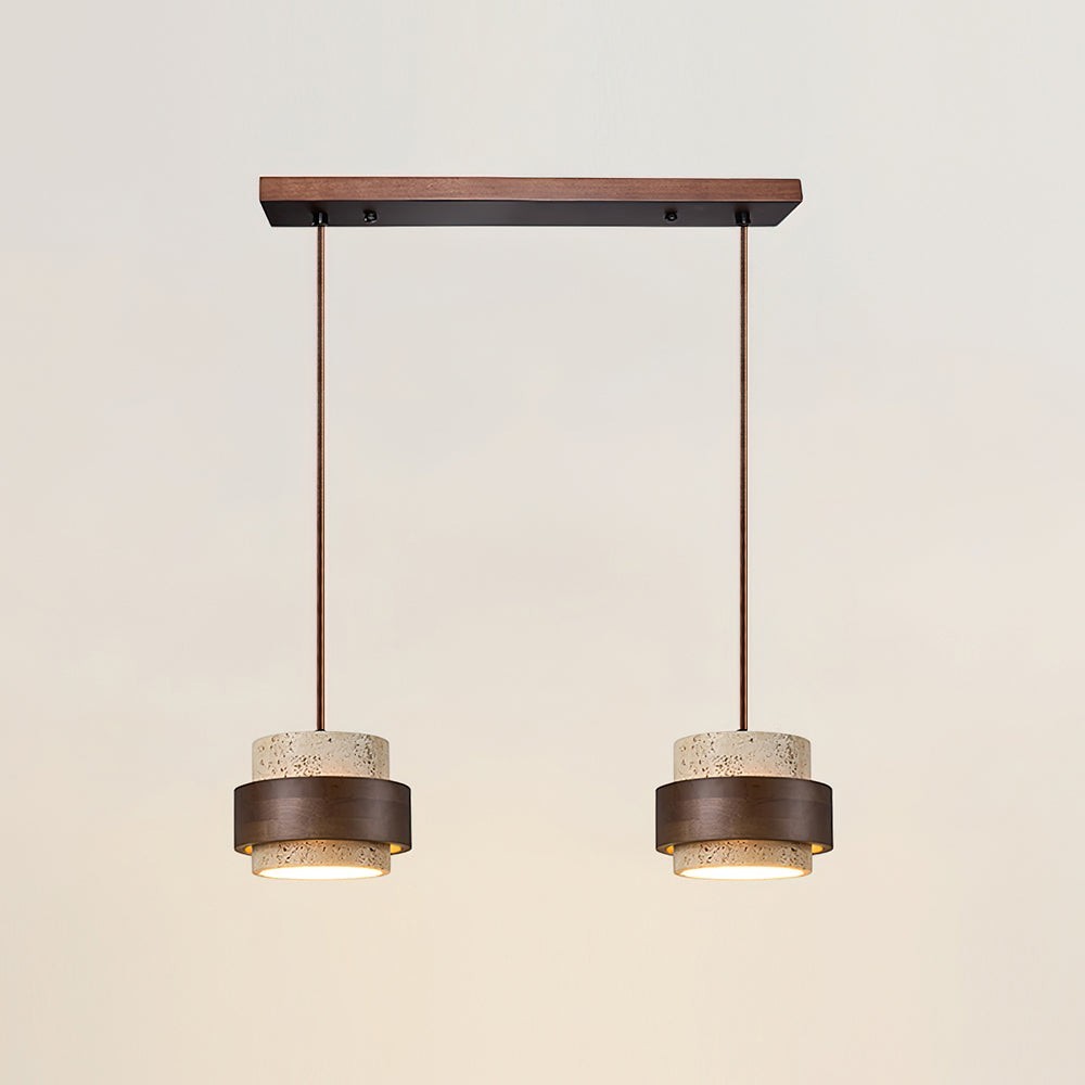 Suspension Dimoree double avec abat-jours cylindriques en travertin et détails en bois de noyer pour salon