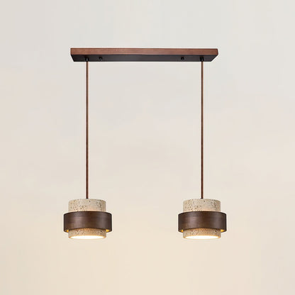 Suspension Dimoree double avec abat-jours cylindriques en travertin et détails en bois de noyer pour salon