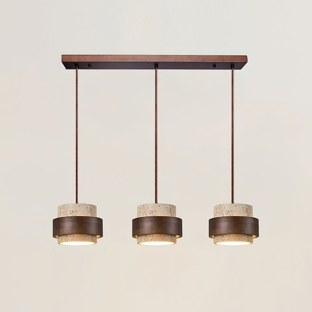 Suspension Dimoree à trois lampes avec abat-jours cylindriques en travertin et détails en bois de noyer