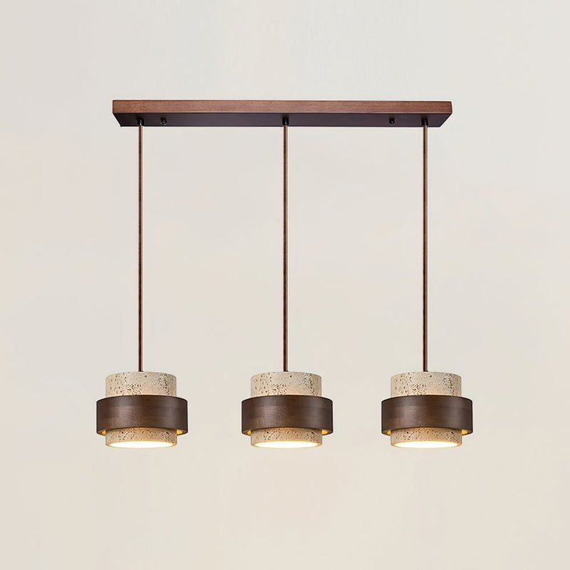 Suspension Dimoree à trois lampes avec abat-jours cylindriques en travertin et détails en bois de noyer