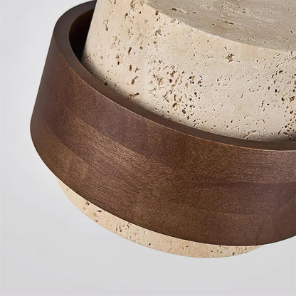Suspension Dimoree en travertin beige texturé et bois de noyer sombre au design cylindrique contemporain