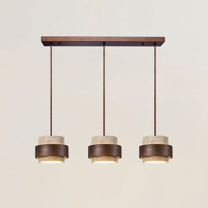 Suspension Dimoree à trois lampes avec abat-jours cylindriques en travertin et détails en bois de noyer