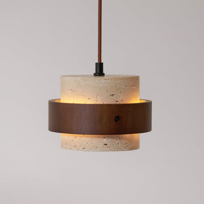 Suspension Dimoree en travertin beige et bois de noyer au design cylindrique contemporain