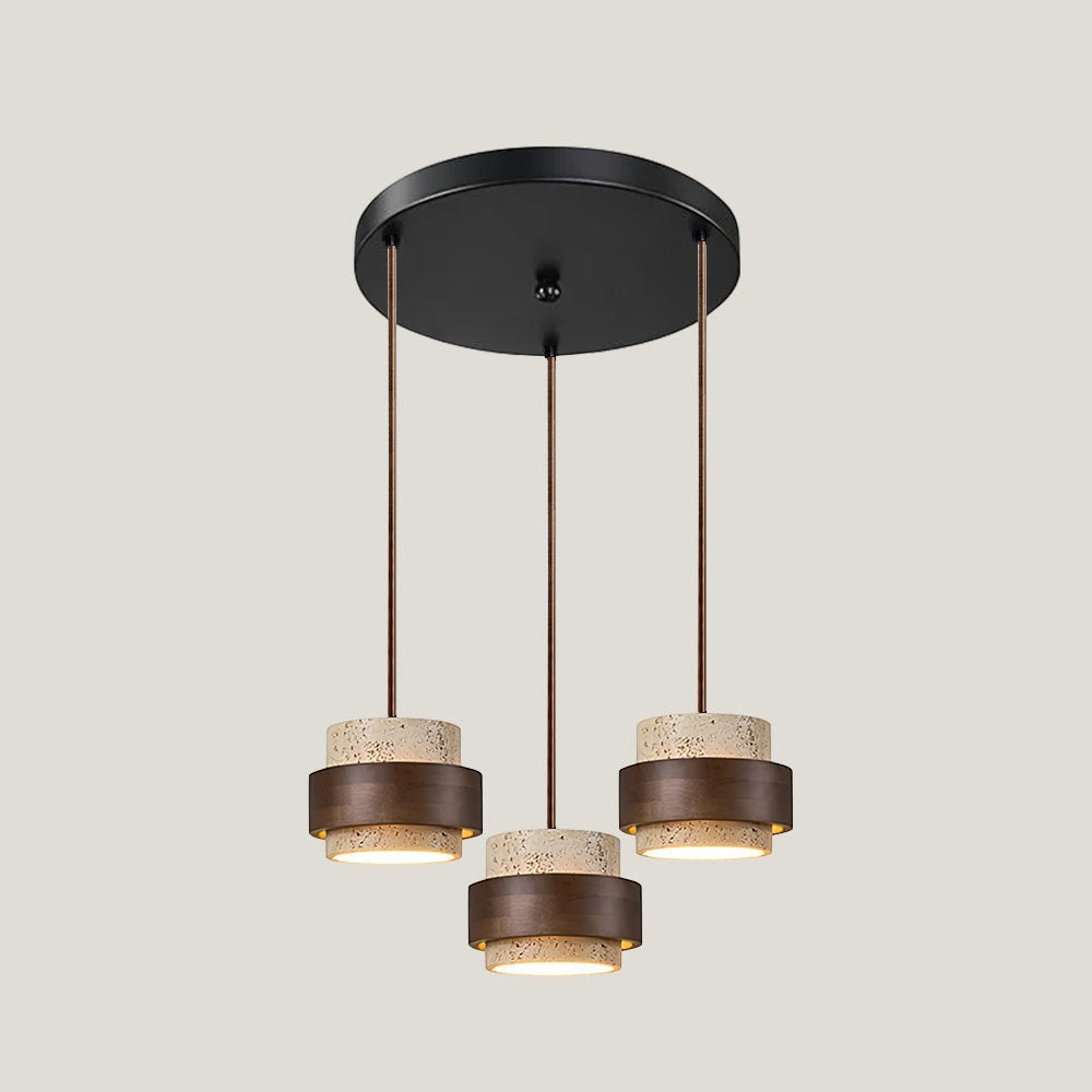 Suspension Dimoree à trois lampes avec abat-jours cylindriques en travertin et détails en bois de noyer sombre