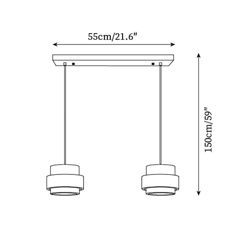 Schéma technique des dimensions de la suspension en travertin Dimoree avec deux abat-jours et câble réglable