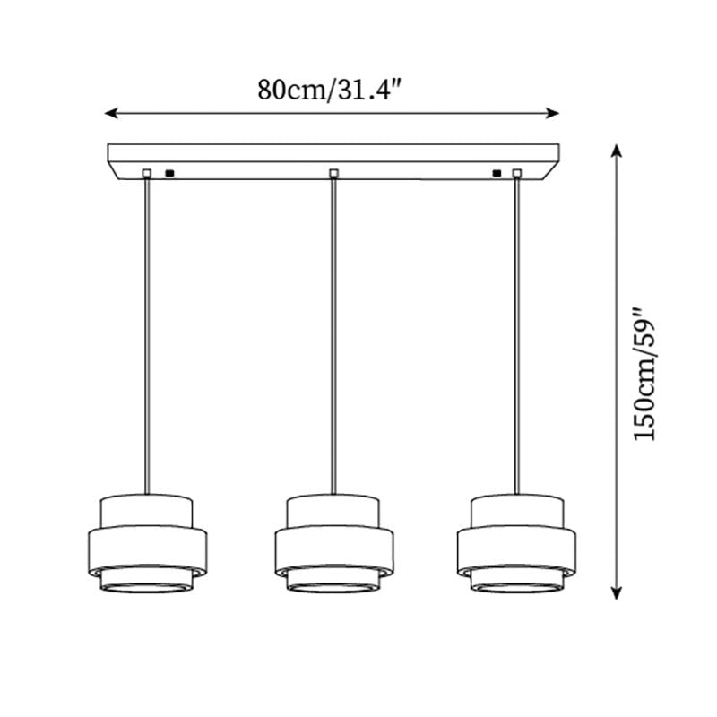 Schéma technique des dimensions de la suspension en travertin Dimoree avec trois abat-jours cylindriques