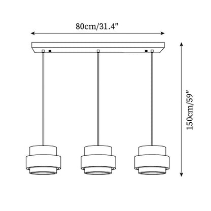 Schéma technique des dimensions de la suspension en travertin Dimoree avec trois abat-jours cylindriques