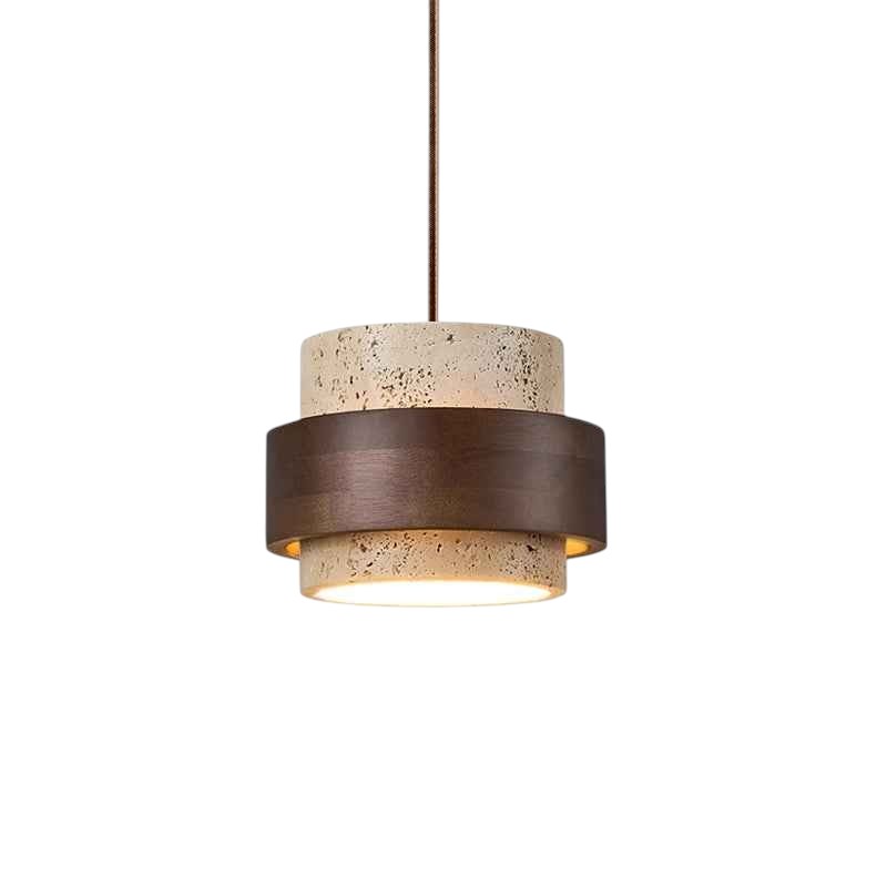 Suspension Dimoree cylindrique en travertin beige et bois de noyer sombre pour un éclairage contemporain élégant
