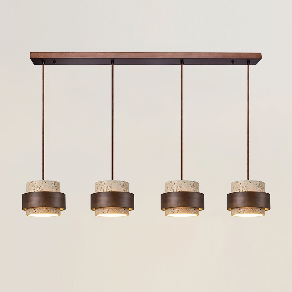 Suspension Dimoree à quatre lampes avec abat-jours cylindriques en travertin et détails en bois de noyer