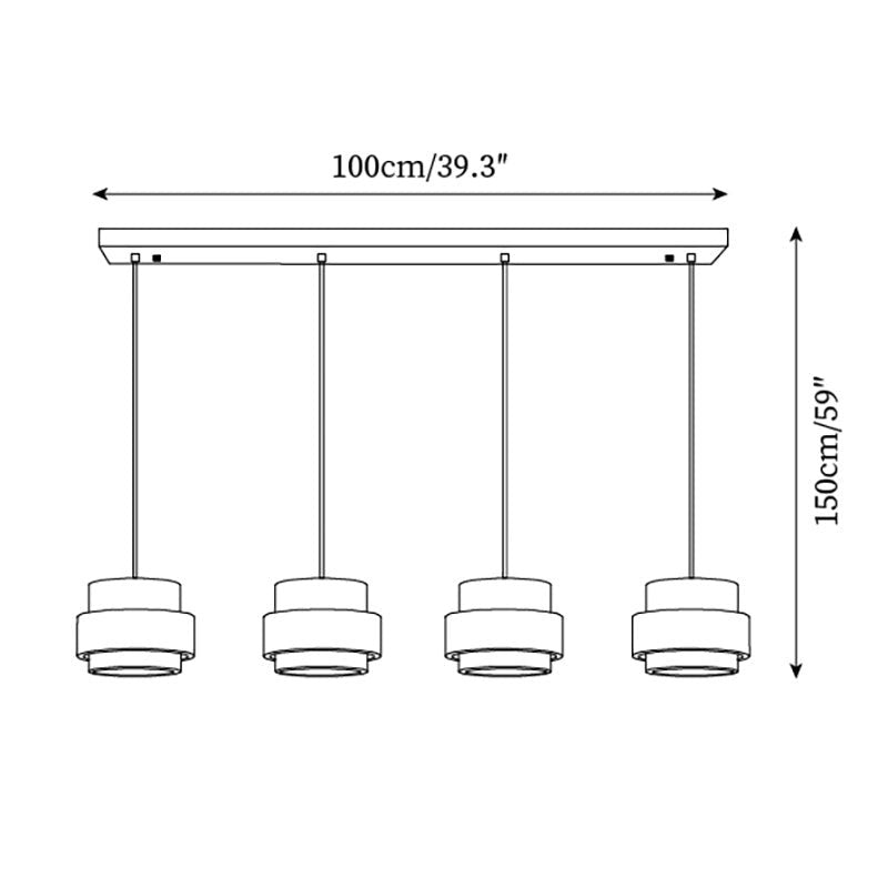 Schéma technique de la suspension Dimoree en travertin avec quatre abat-jours cylindriques et dimensions indiquées