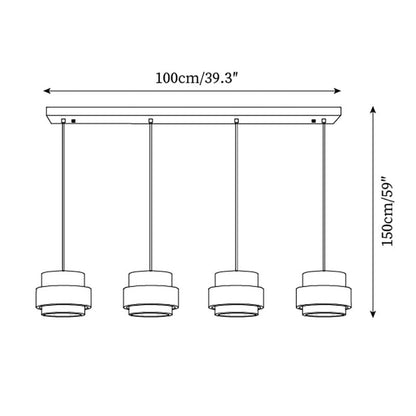 Schéma technique de la suspension Dimoree en travertin avec quatre abat-jours cylindriques et dimensions indiquées