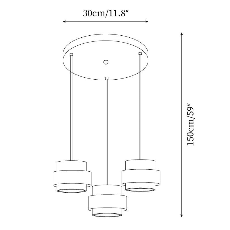 Schéma technique de la suspension Dimoree en travertin avec trois abat-jours cylindriques et dimensions indiquées