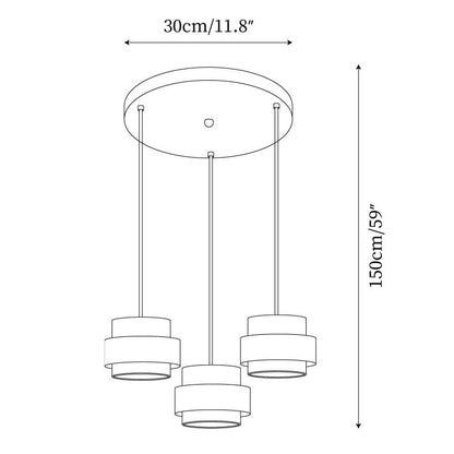 Schéma technique de la suspension Dimoree en travertin avec trois abat-jours cylindriques et dimensions indiquées