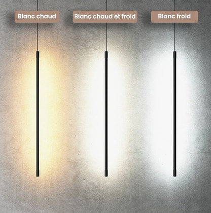 Suspension lumineuse tubulaire Dimoree noire mate avec trois options de température de couleur : chaud, neutre et froid.