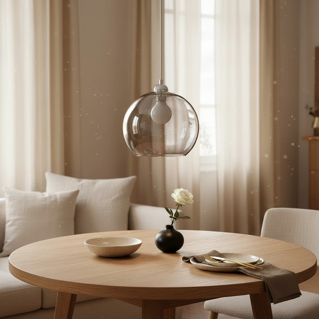 Dimoree suspension design en verre fumé, abat-jour sphérique transparent, éclairage intérieur contemporain.