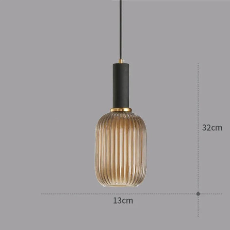 Suspension lumineuse Dimoree en verre nervuré fumé avec structure en métal noir et doré pour intérieur moderne